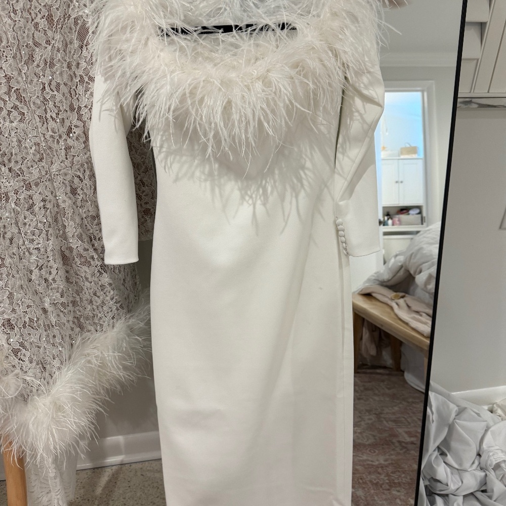 Untamed petals feather off the shoulder aria midi  dress